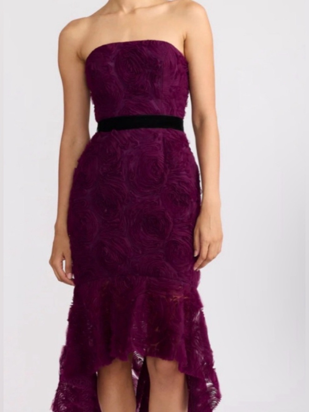 Zac Posen Strapless Plum Midi Dress with Black Waistband